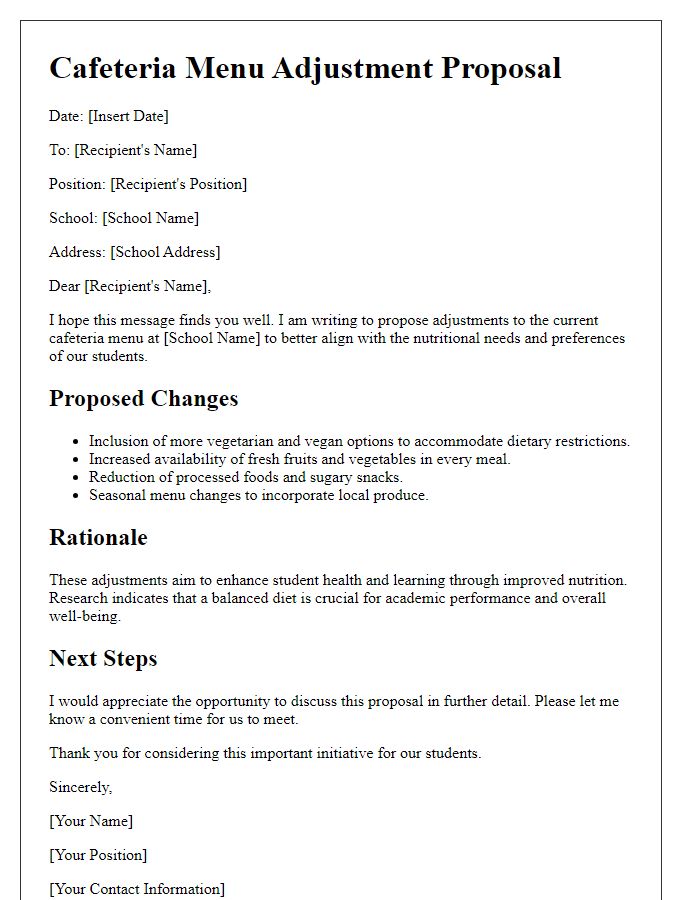 Letter template of cafeteria menu adjustment proposal for private school.