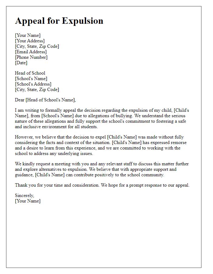 Letter template of appeal for private school expulsion connected to bullying allegations.