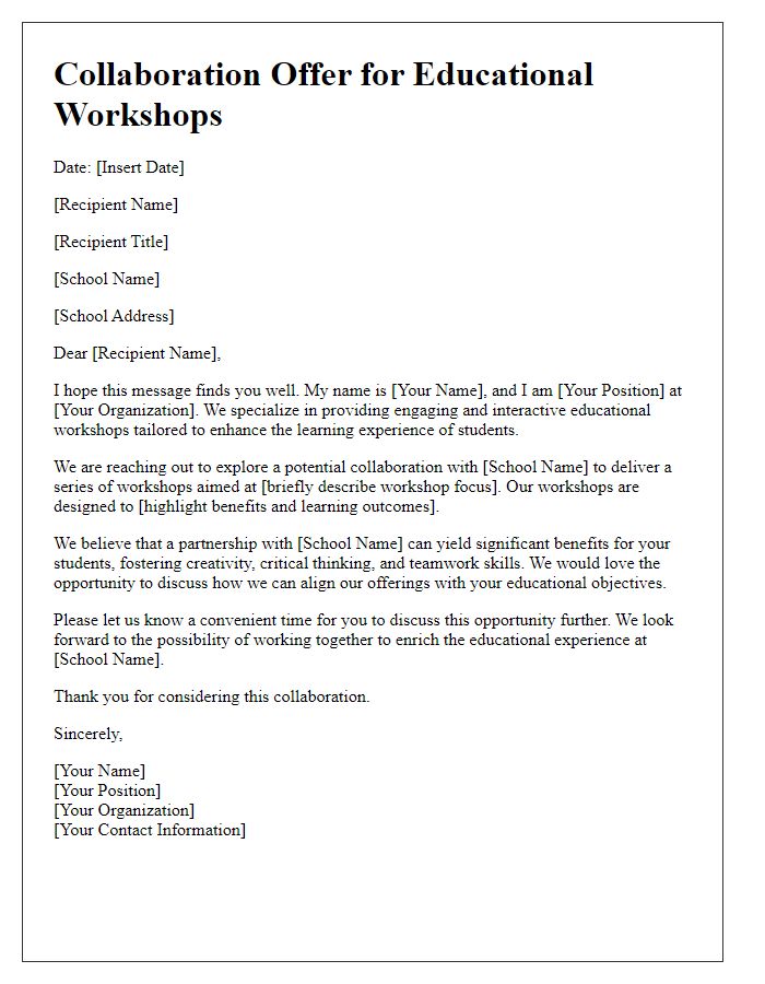 Letter template of collaboration offer for private school educational workshops