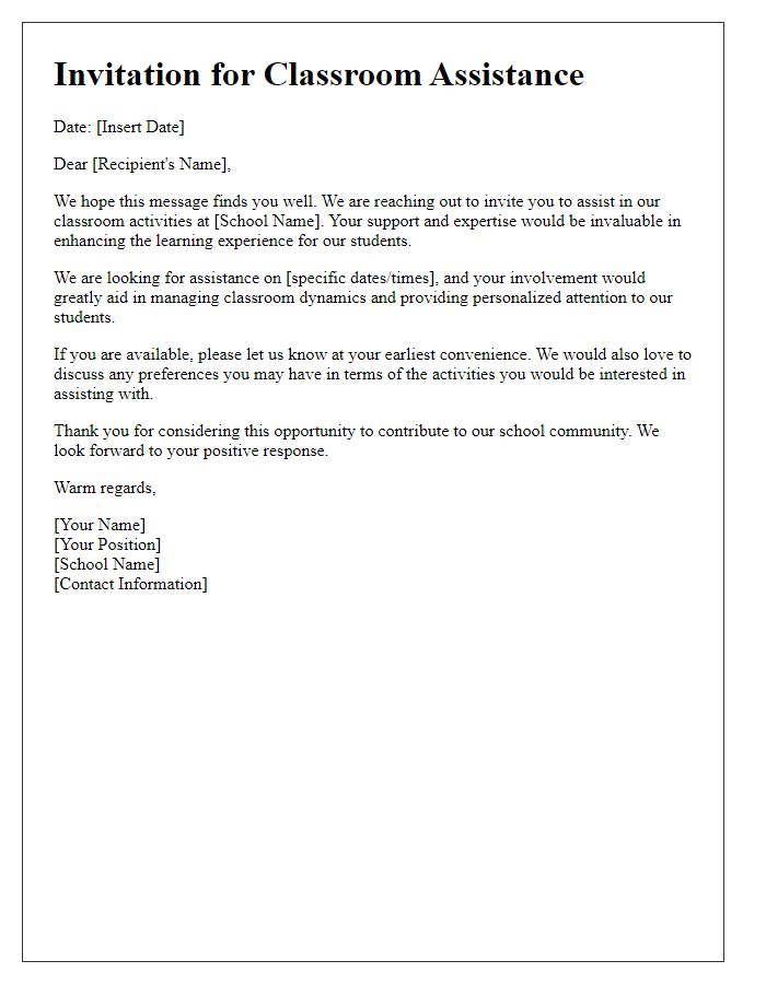 Letter template of service invitation for private school classroom assistance