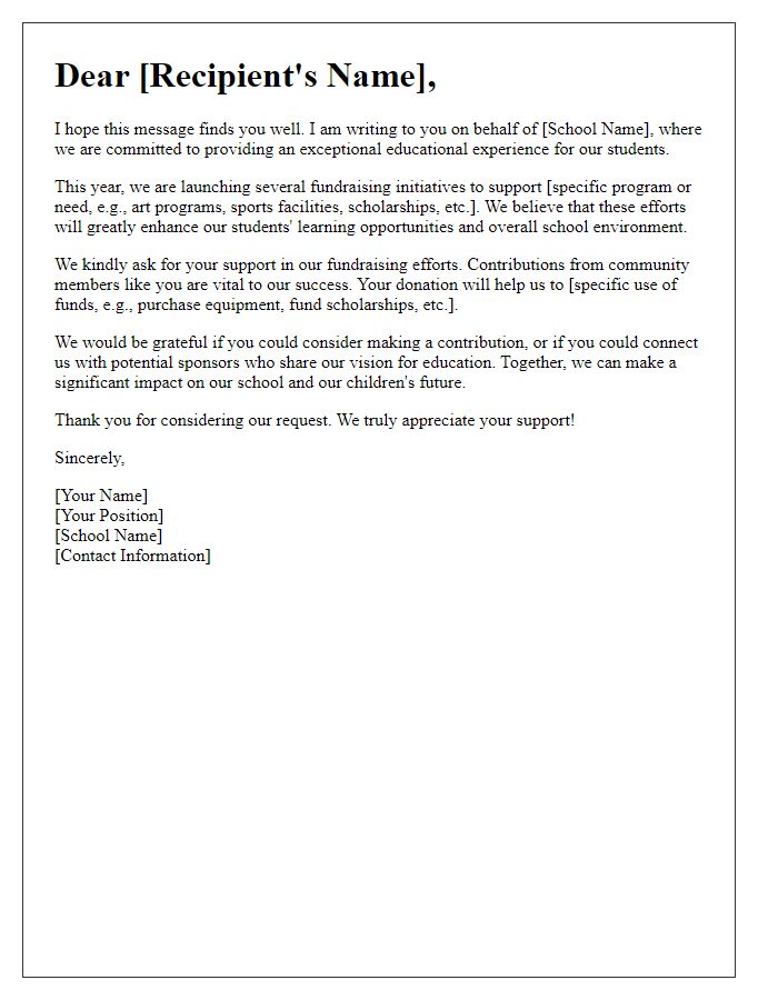 Letter template of support request for private school fundraising initiatives