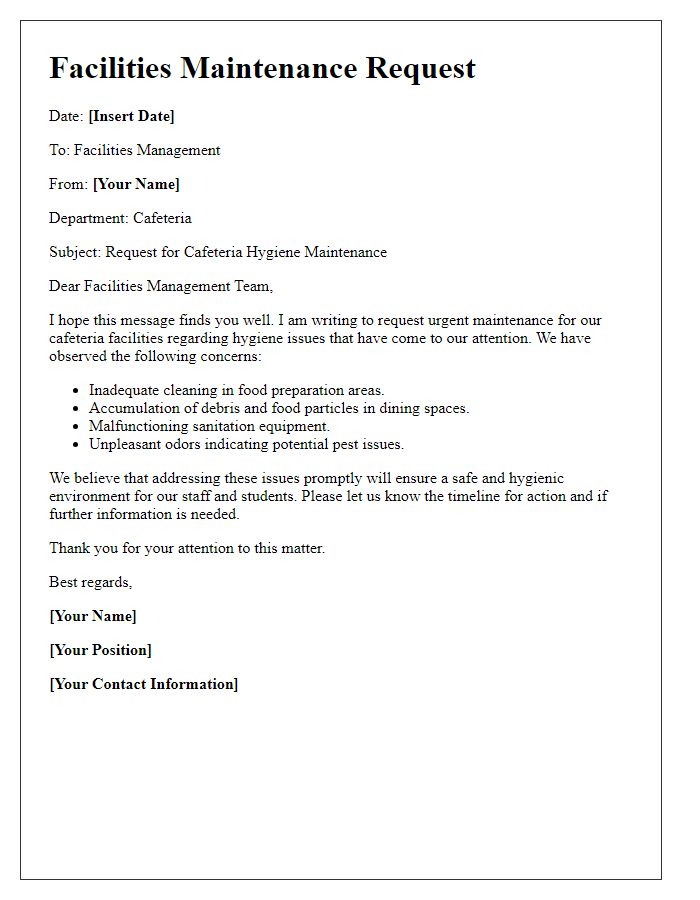 Letter template of facilities maintenance request for cafeteria hygiene