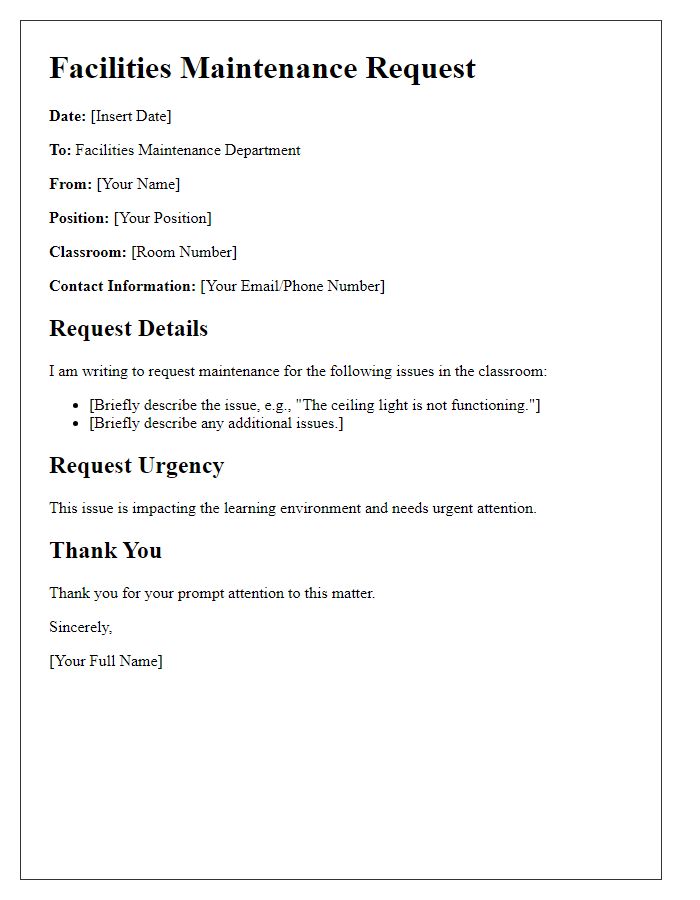 Letter template of facilities maintenance request for classroom repairs