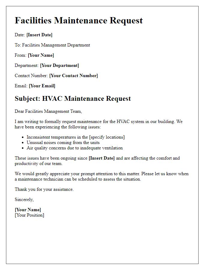 Letter template of facilities maintenance request for HVAC issues