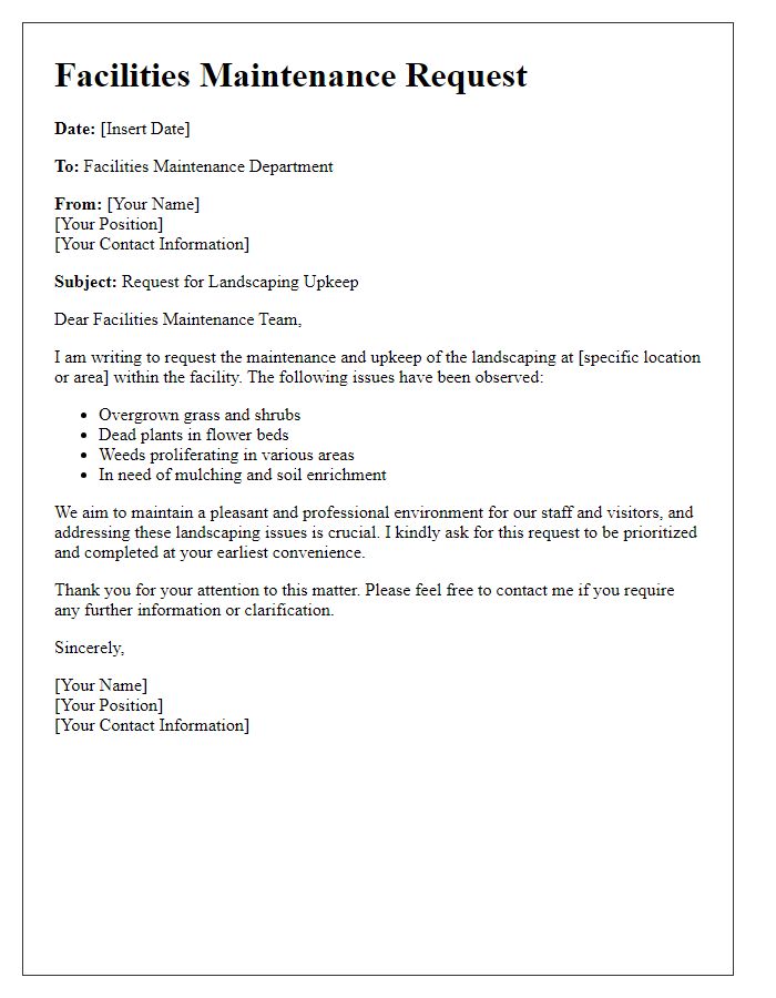 Letter template of facilities maintenance request for landscaping upkeep