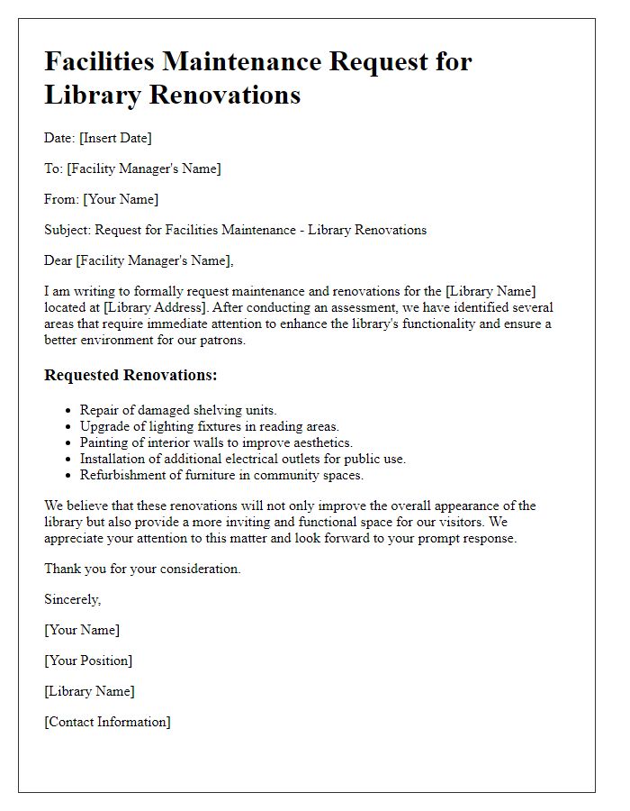 Letter template of facilities maintenance request for library renovations