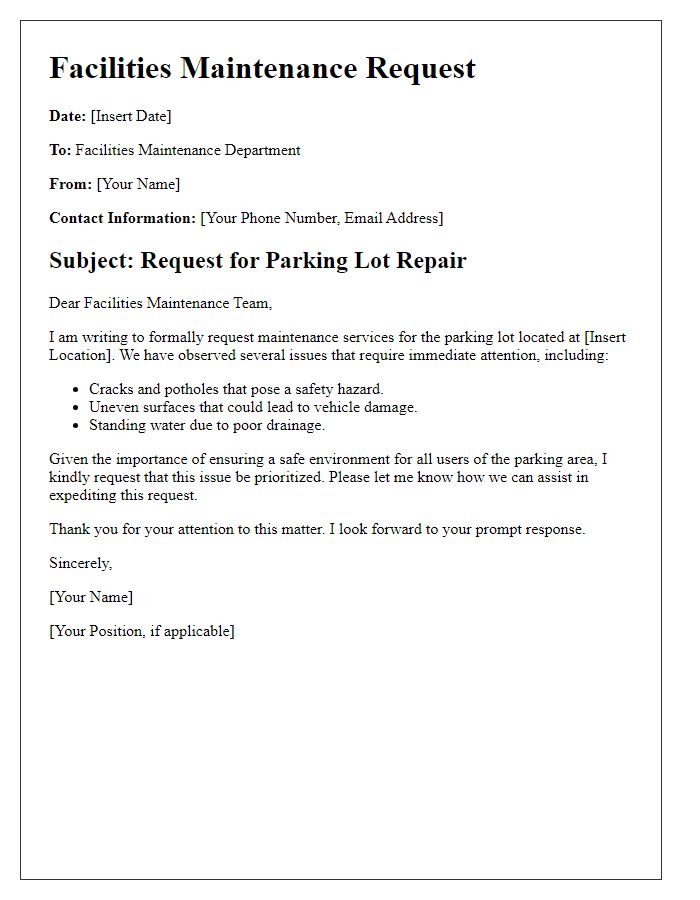 Letter template of facilities maintenance request for parking lot repair