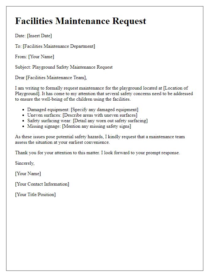 Letter template of facilities maintenance request for playground safety