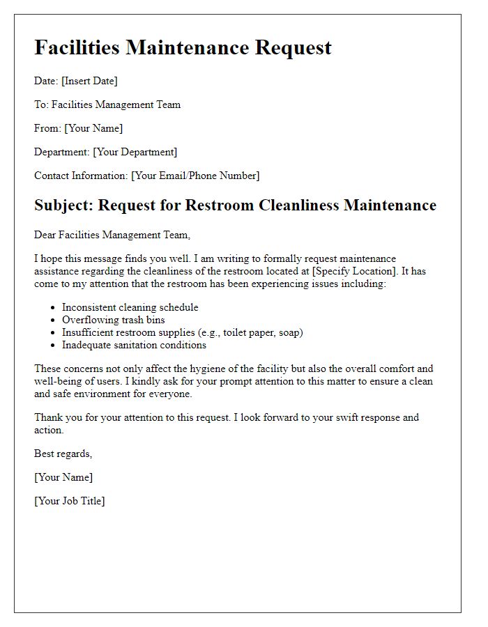 Letter template of facilities maintenance request for restroom cleanliness