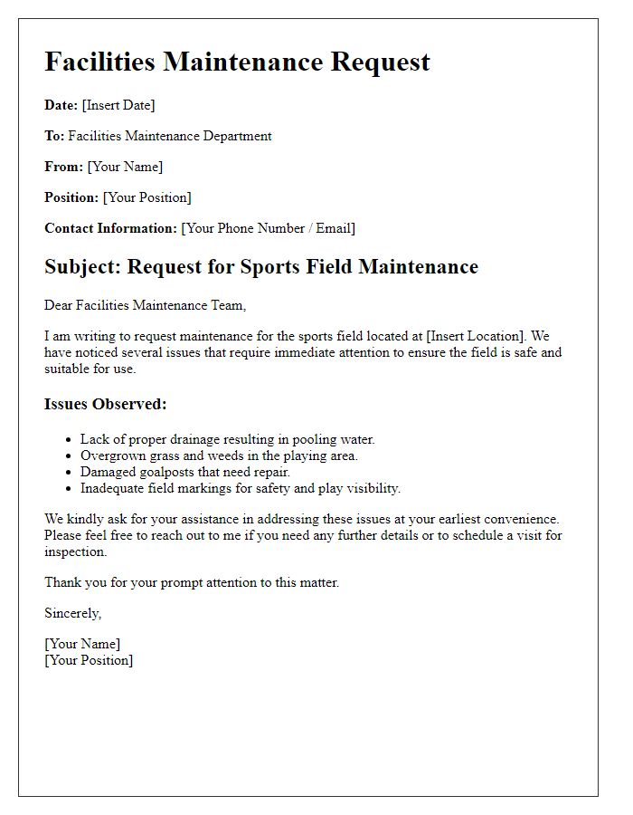 Letter template of facilities maintenance request for sports field maintenance