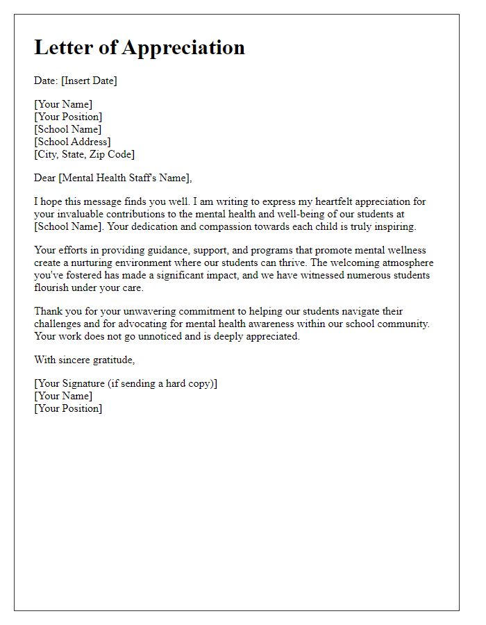 Letter template of appreciation for mental health staff at private school