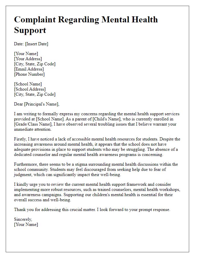 Letter template of complaint regarding mental health support in private school