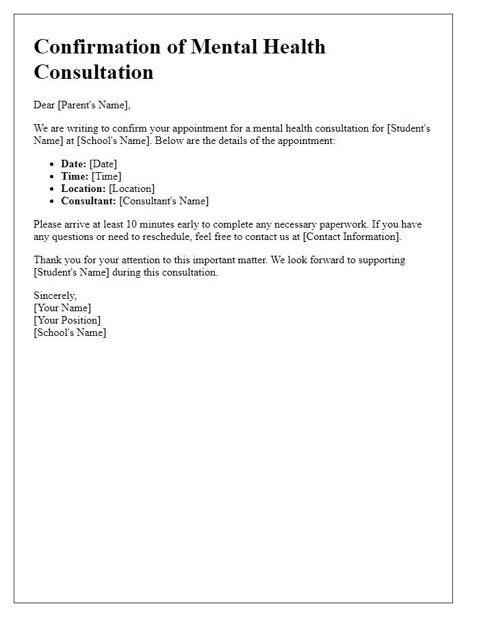 Letter template of confirmation of mental health consultation at private school