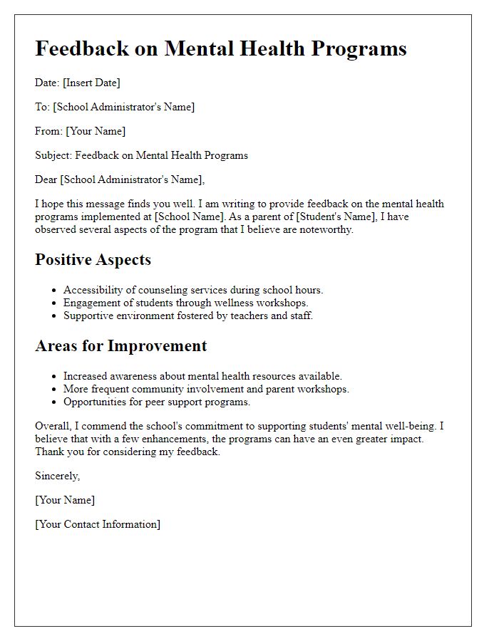 Letter template of feedback on mental health programs at private school