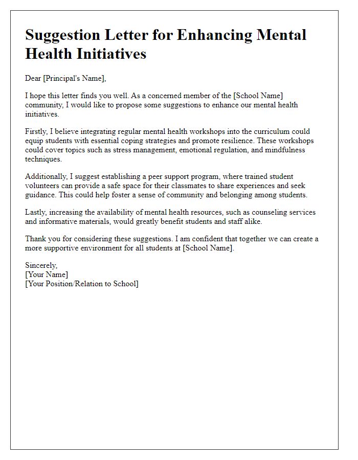 Letter template of suggestion for enhancing mental health initiatives in private school