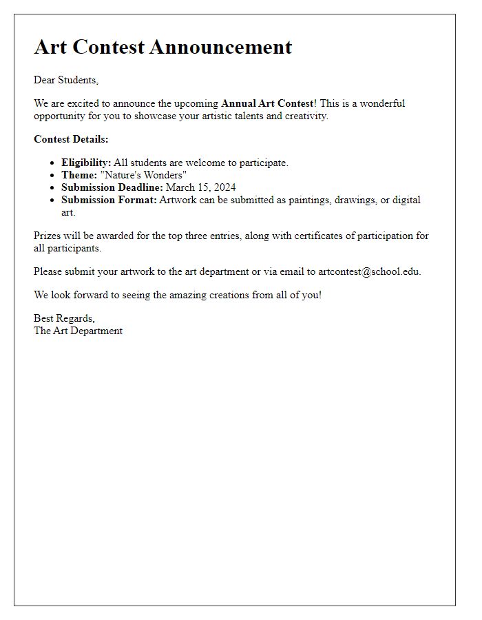 Letter template of Art Contest Announcement for Students