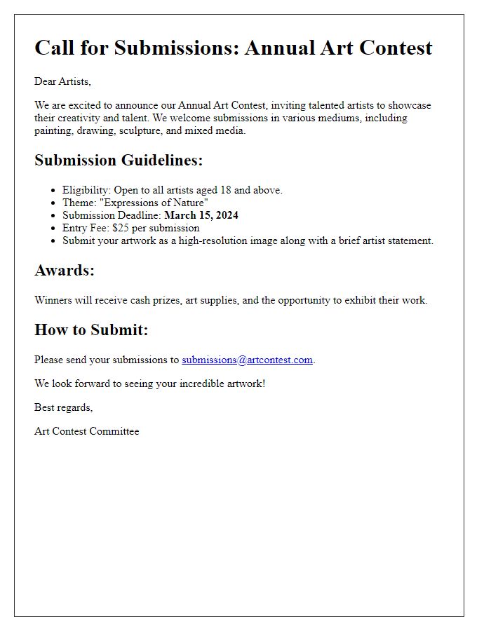 Letter template of Call for Submissions for Art Contest