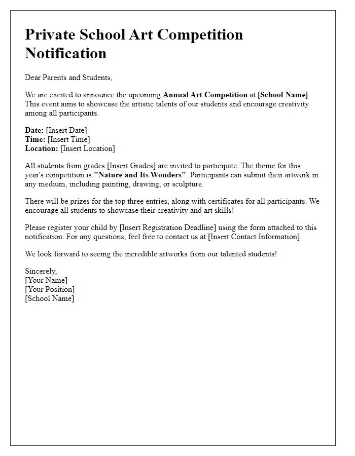 Letter template of Private School Art Competition Notification