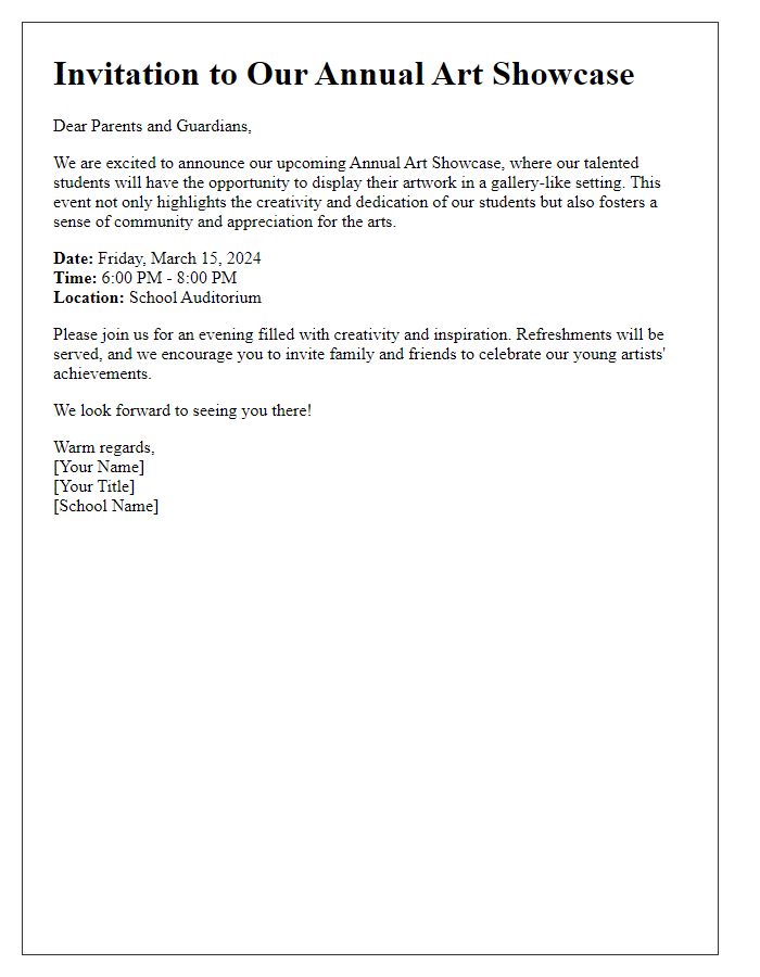 Letter template of Private School Art Showcase Announcement