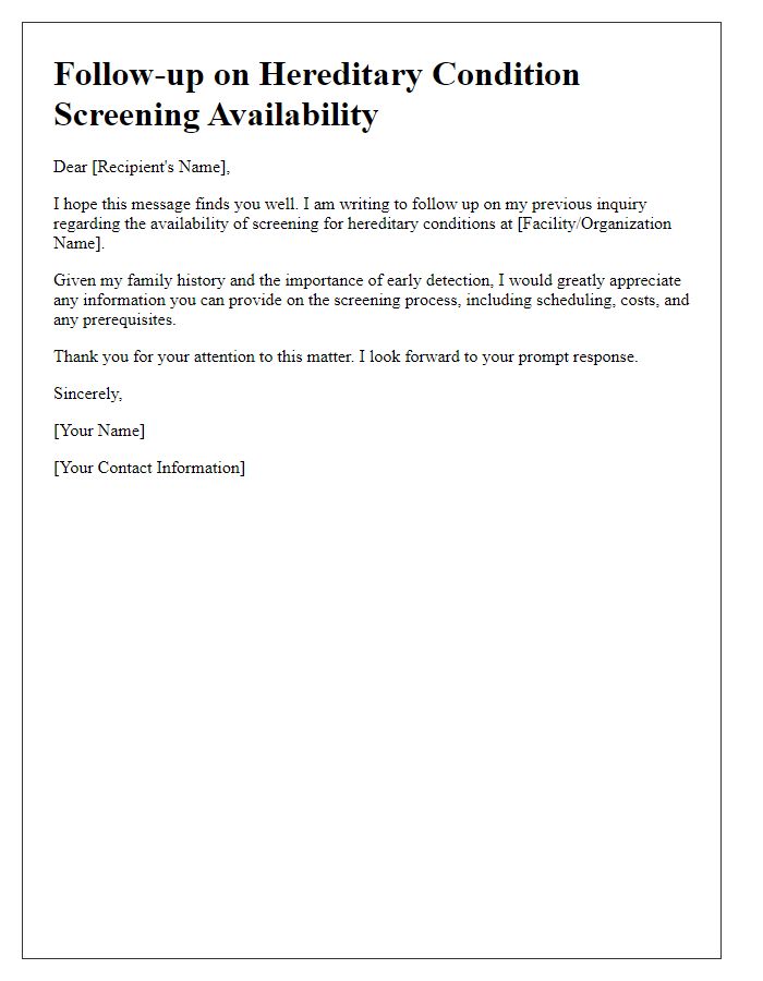 Letter template of follow-up on hereditary condition screening availability.