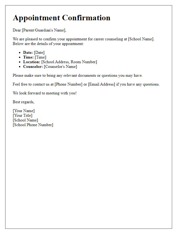 Letter template of confirmation for private school career counseling appointment.