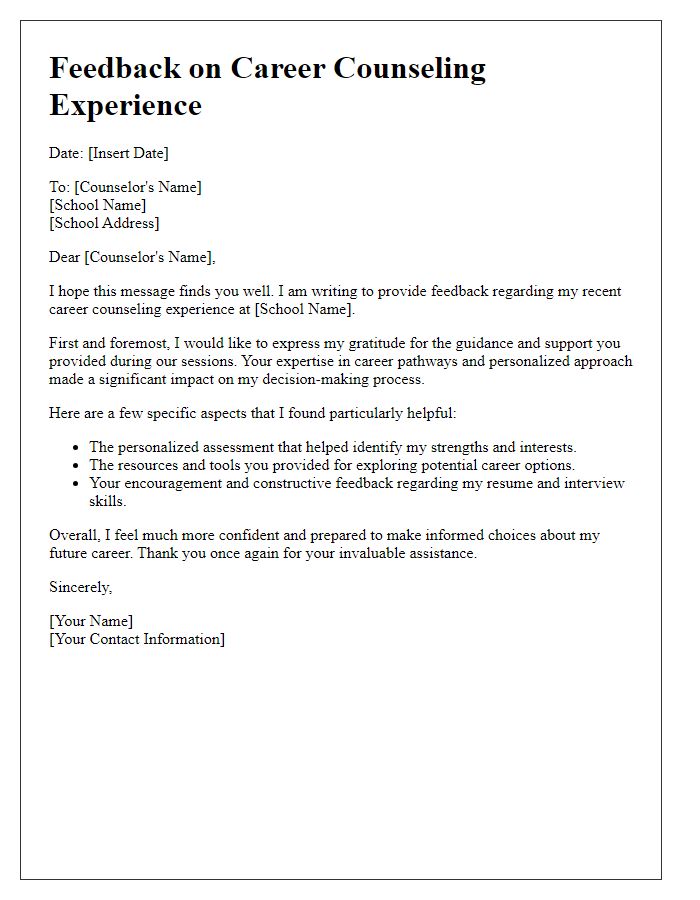 Letter template of feedback for private school career counseling experience.