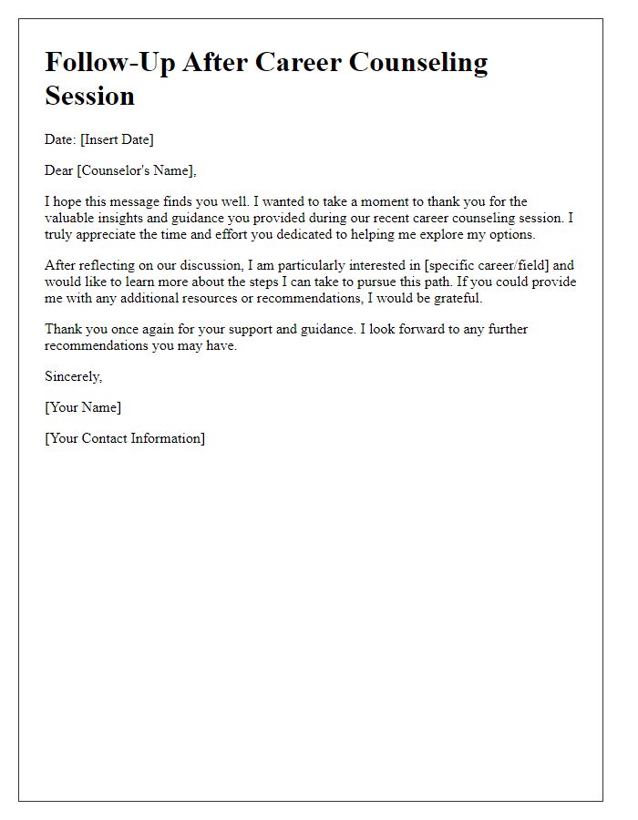 Letter template of follow-up after private school career counseling session.