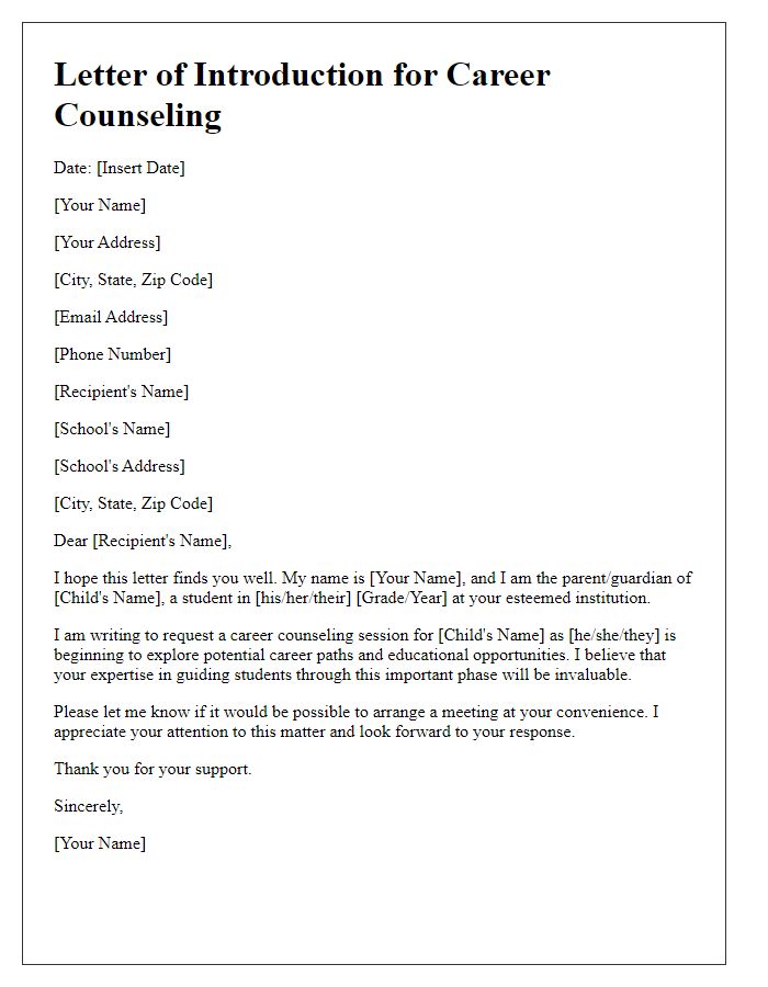 Letter template of introduction for private school career counseling request.