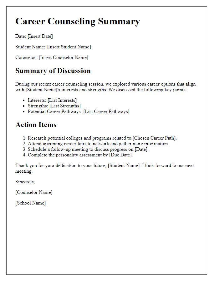 Letter template of summary and action items from private school career counseling.