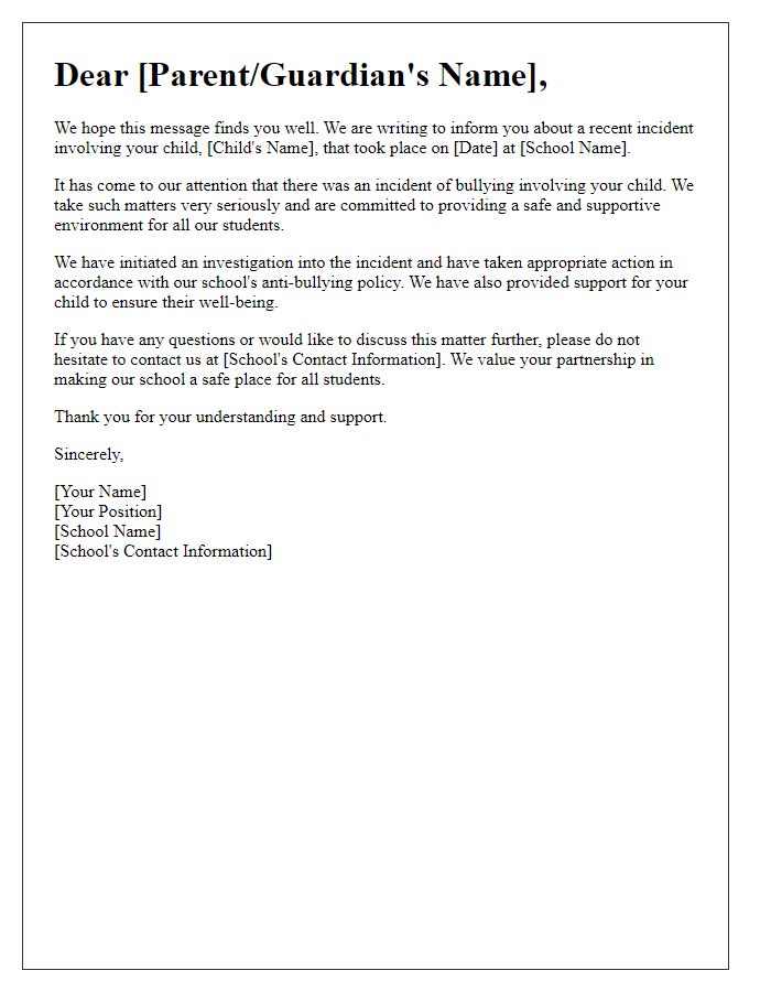 Letter template of private school anti-bullying incident communication.