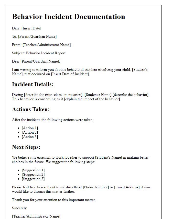 Letter template of private school behavior incident documentation.