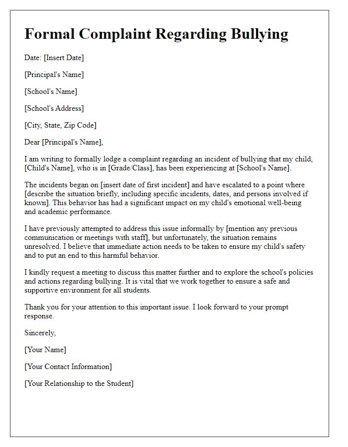 Letter template of private school bullying formal complaint.