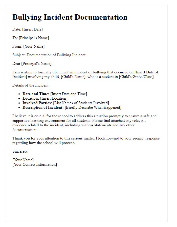 Letter template of private school bullying incident documentation.