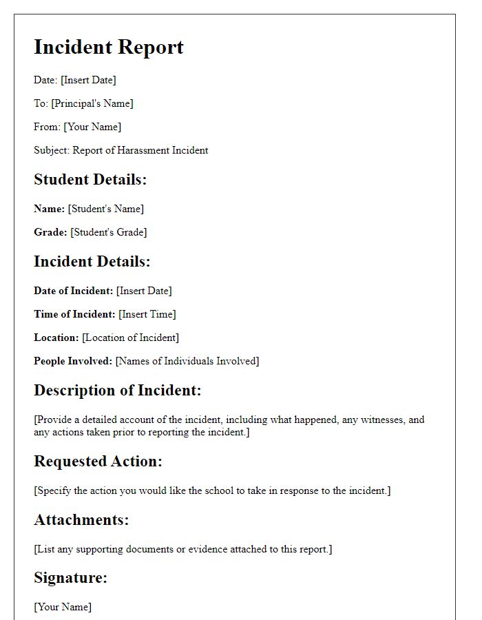 Letter template of private school harassment incident report.