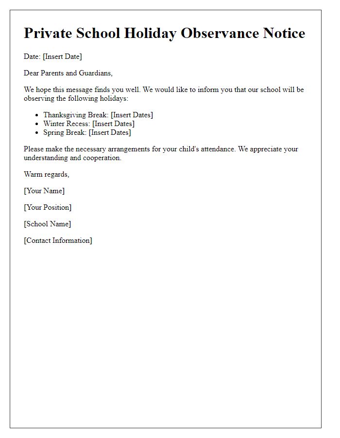 Letter template of private school holiday observance notice