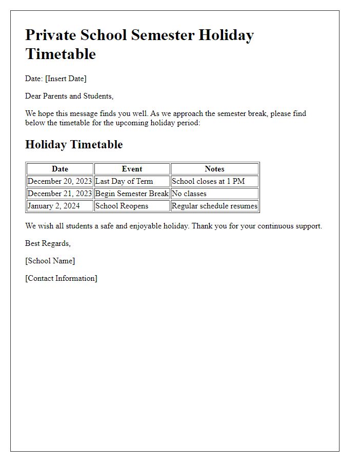 Letter template of private school semester holiday timetable