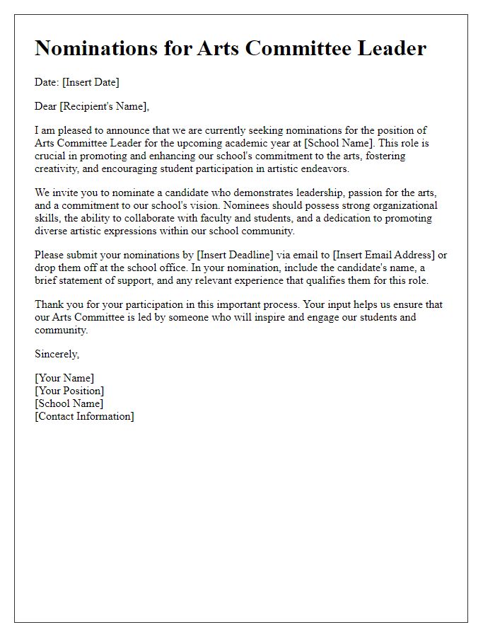 Letter template of private school arts committee leader nomination.