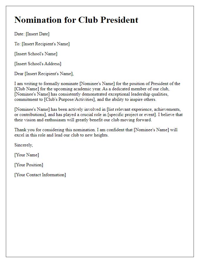 Letter template of private school club president nomination.