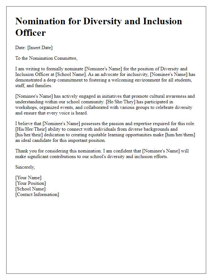 Letter template of private school diversity and inclusion officer nomination.