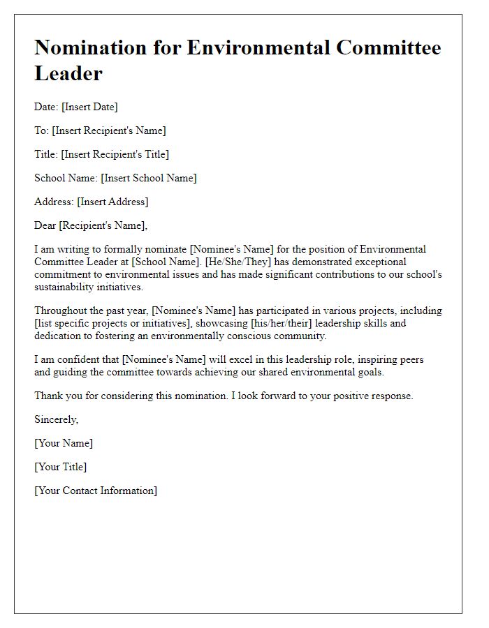 Letter template of private school environmental committee leader nomination.