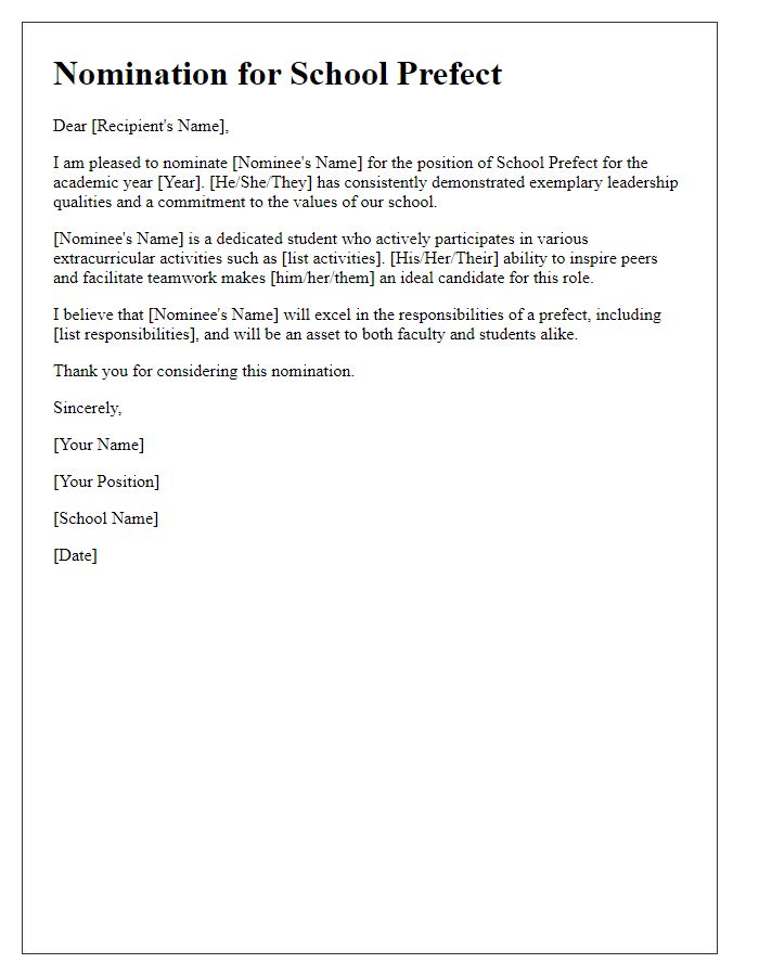 Letter template of private school prefect nomination.