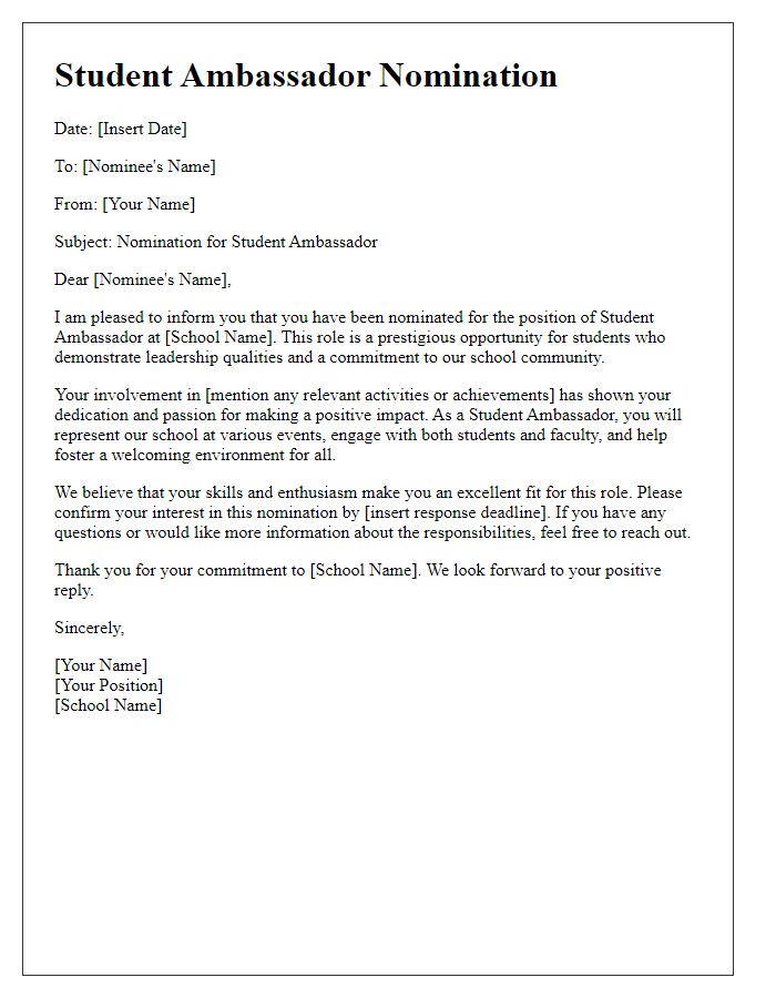 Letter template of student ambassador nomination for private school.