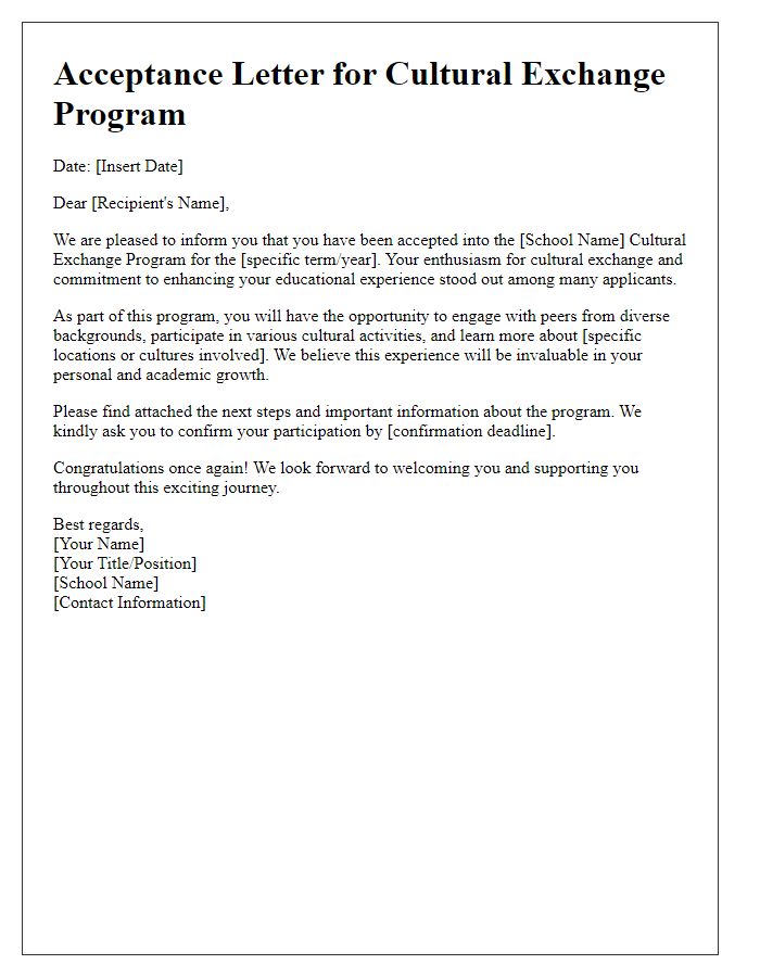 Letter template of acceptance for private school cultural exchange program