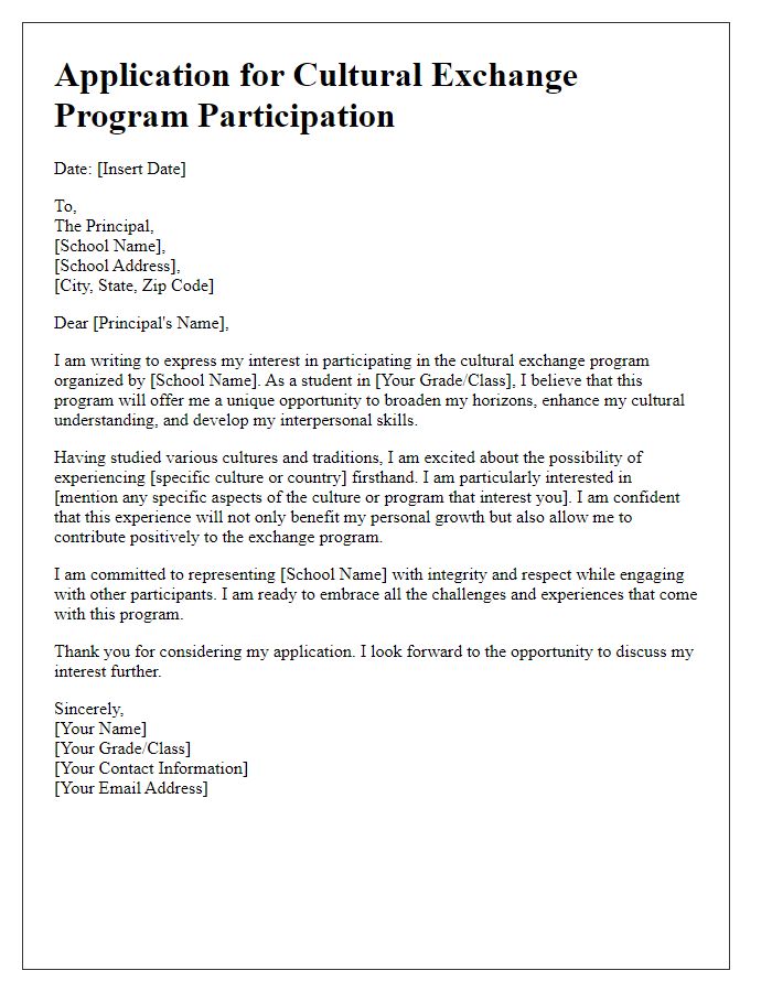 Letter template of application for private school cultural exchange program participation