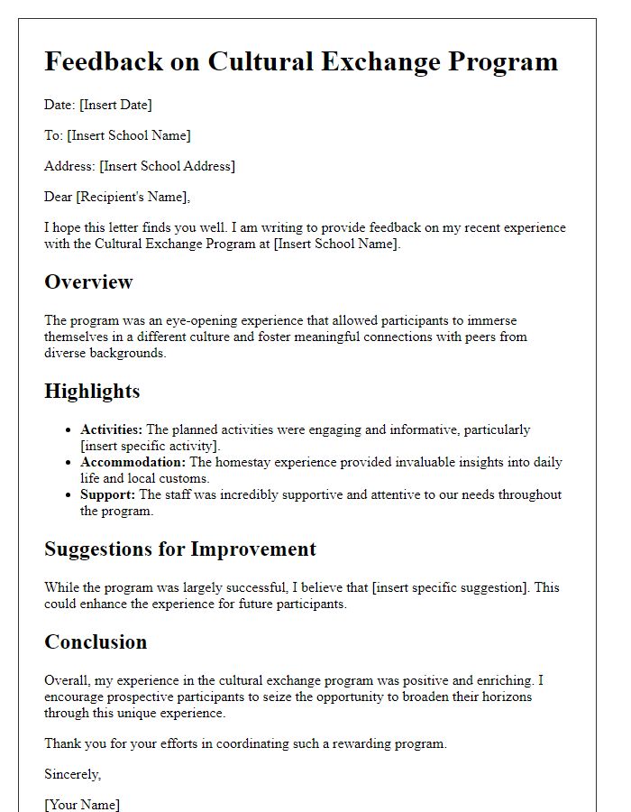 Letter template of feedback for private school cultural exchange program experience