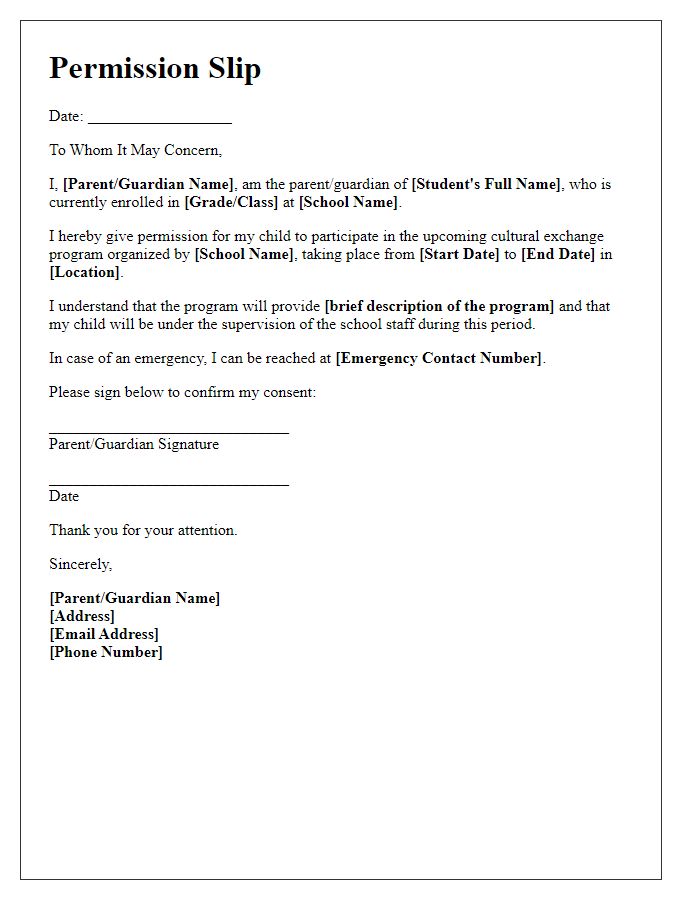 Letter template of permission slip for private school cultural exchange program