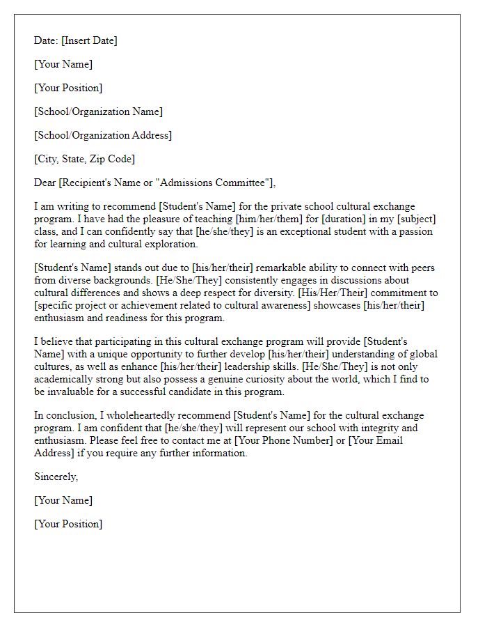 Letter template of recommendation for private school cultural exchange program students