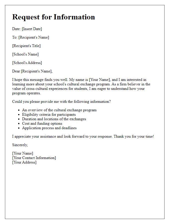 Letter template of request for information on private school cultural exchange program