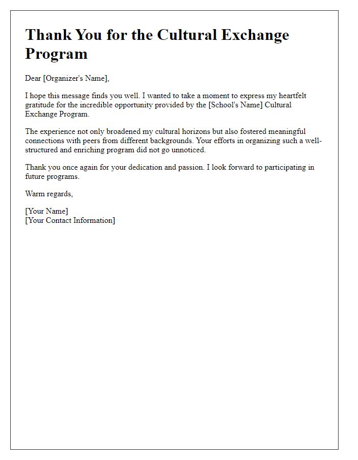 Letter template of thank you for private school cultural exchange program organizer