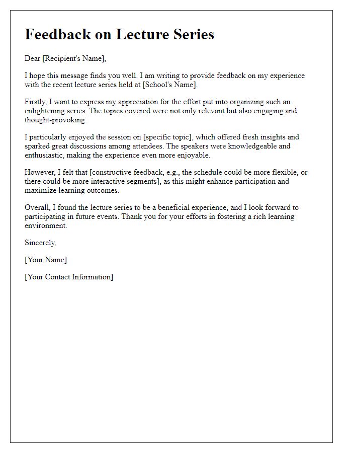 Letter template of feedback on private school lecture series participation